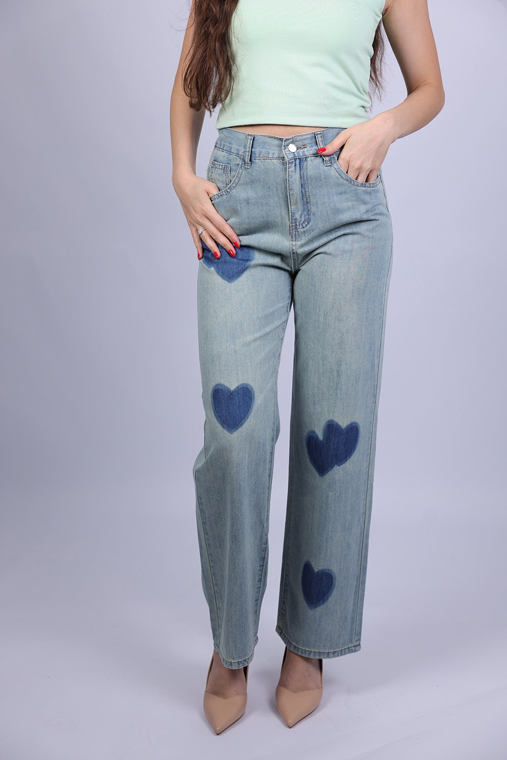 Jean Wide Leg à Motifs Cœurs