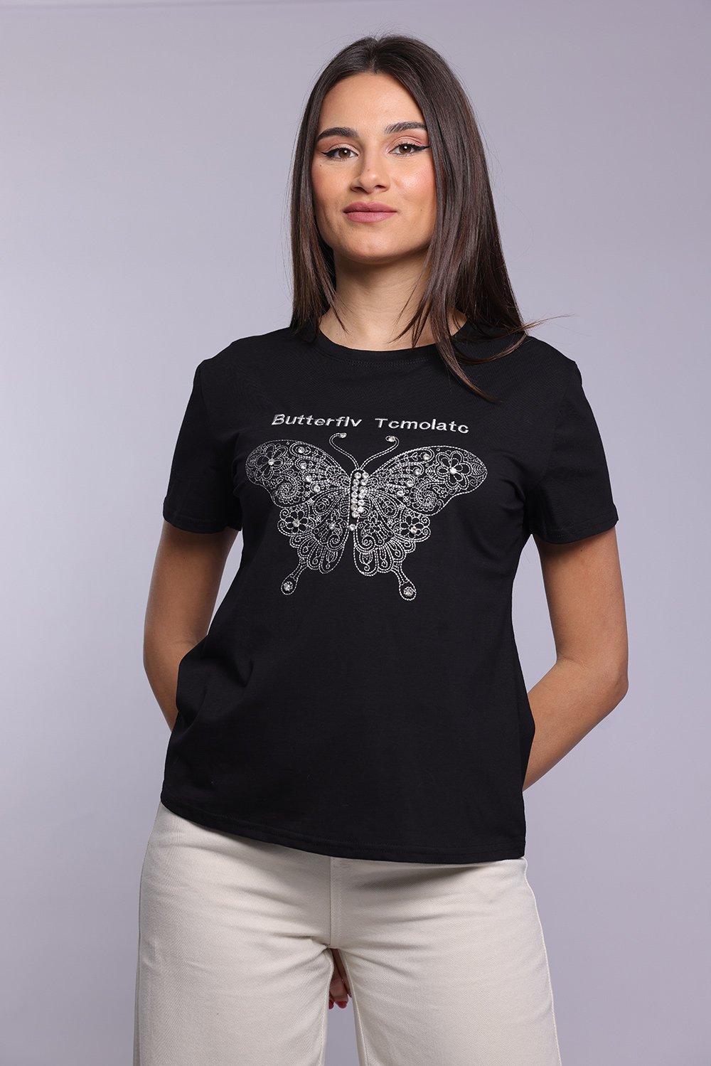 T-shirt papillon avec détails strass