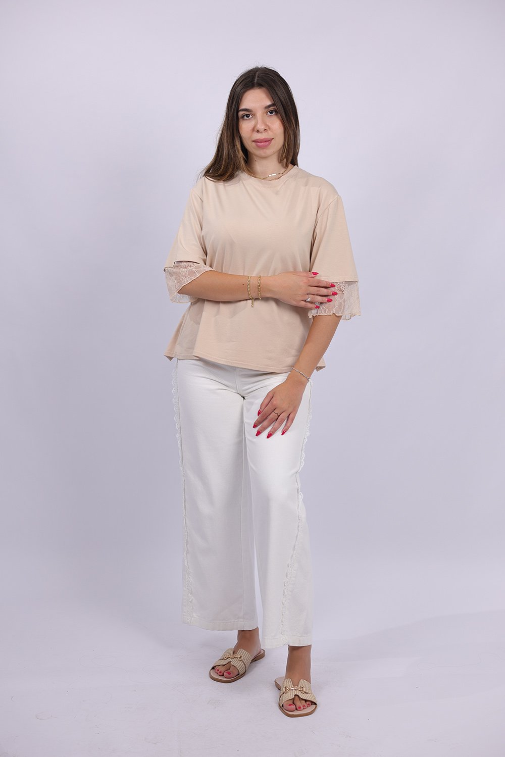 T-shirt Oversize à Manches en Dentelle